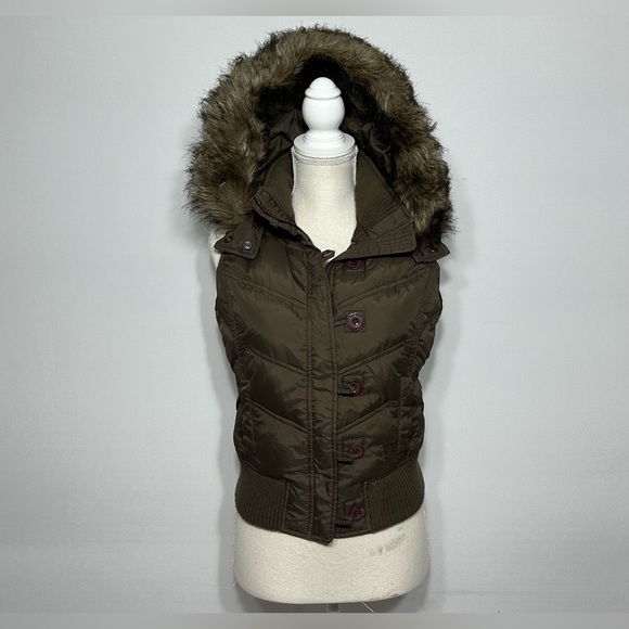 RUEHL NO. 925 Down Abercrombie Faux Fur Hood Sz S Brown Crop Puffer Vest Y2K VTG - Picture 5 of 10